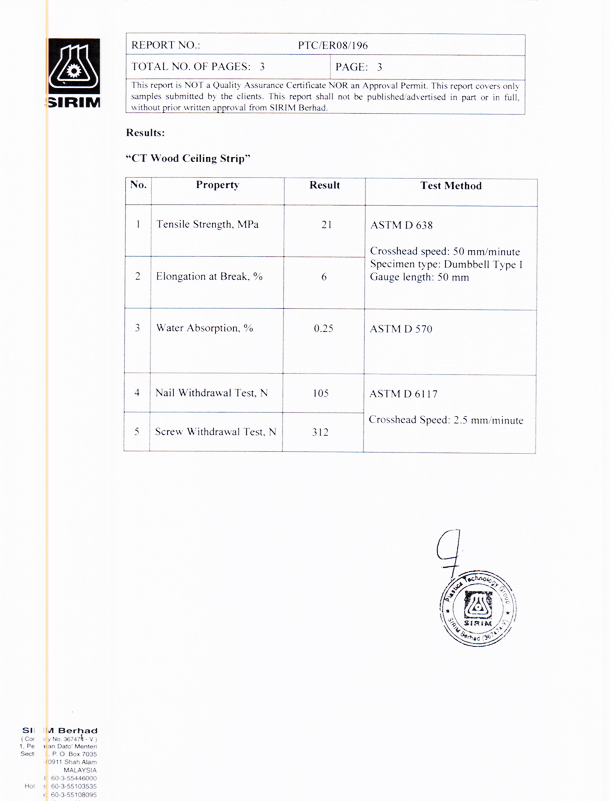 CEILING & WALL PANELING SIRIM TEST REPORT