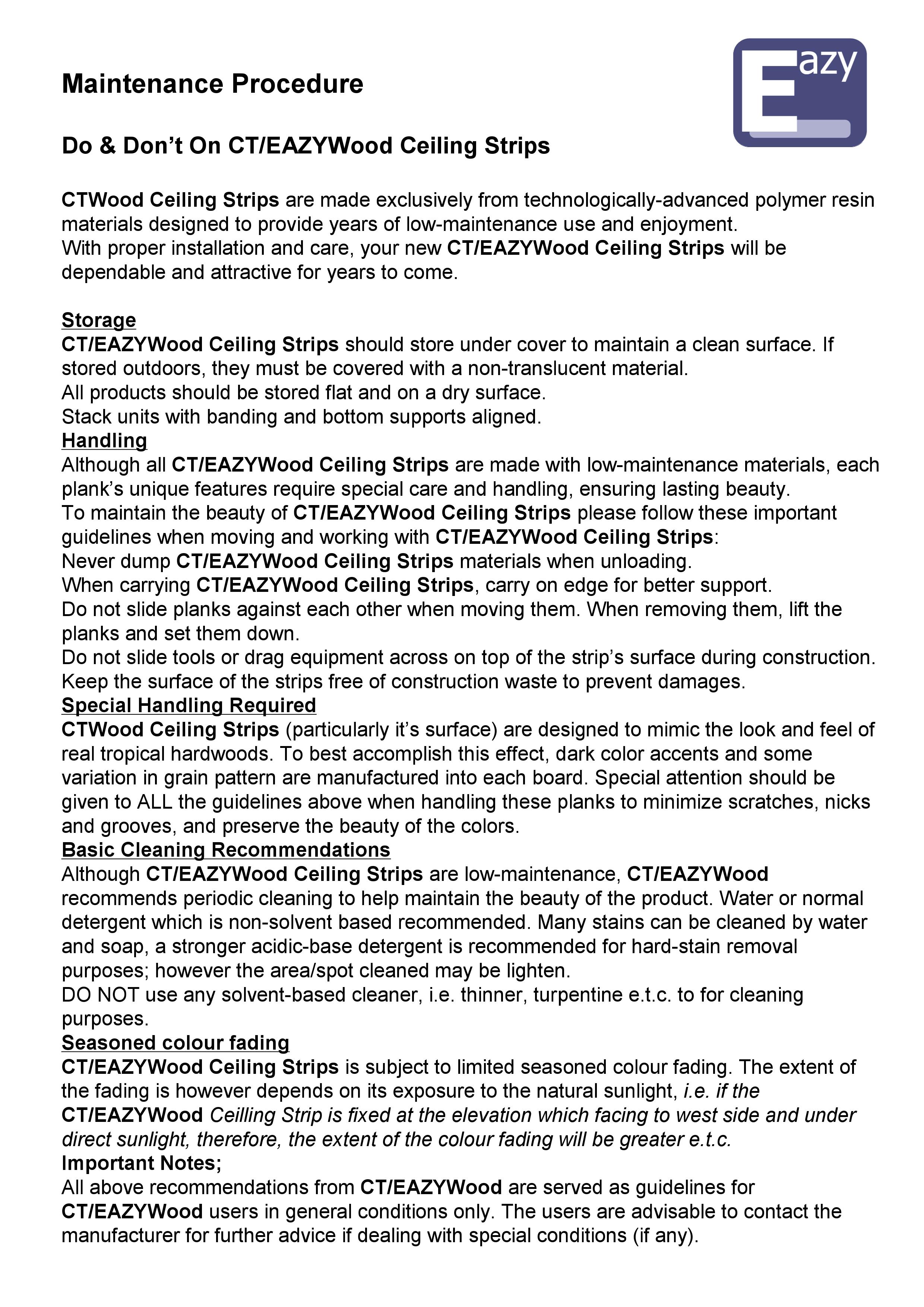 EAZYWOOD CEILING STRIP MAINTENANCE MANUAL VERSION 2012